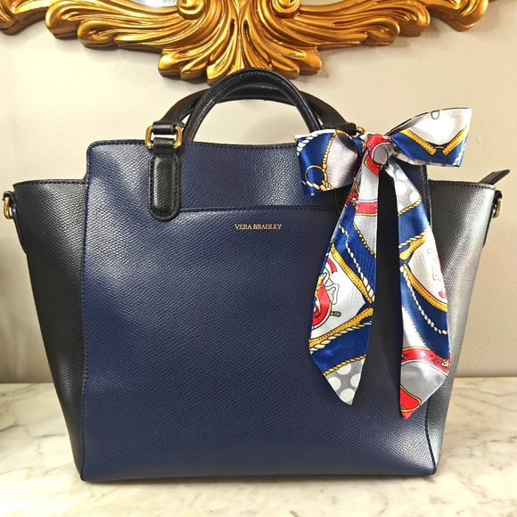 🩷SOLD💚 Vera Bradley Leather "Morgan" Black & Blue Trapeze 2-Way Bag | Rare - Picture 11 of 12